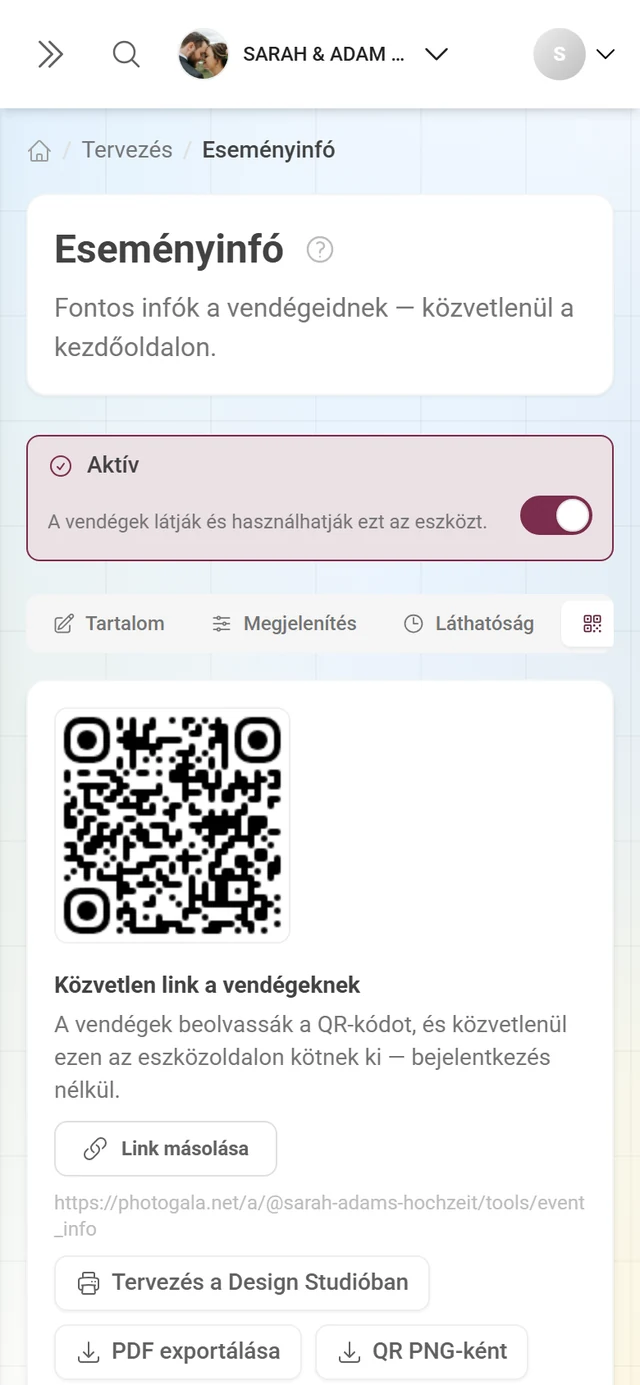Egy közvetlen linkkel rendelkező eszköz QR-kód füle, a QR-képpel és az exportálás gombjaival