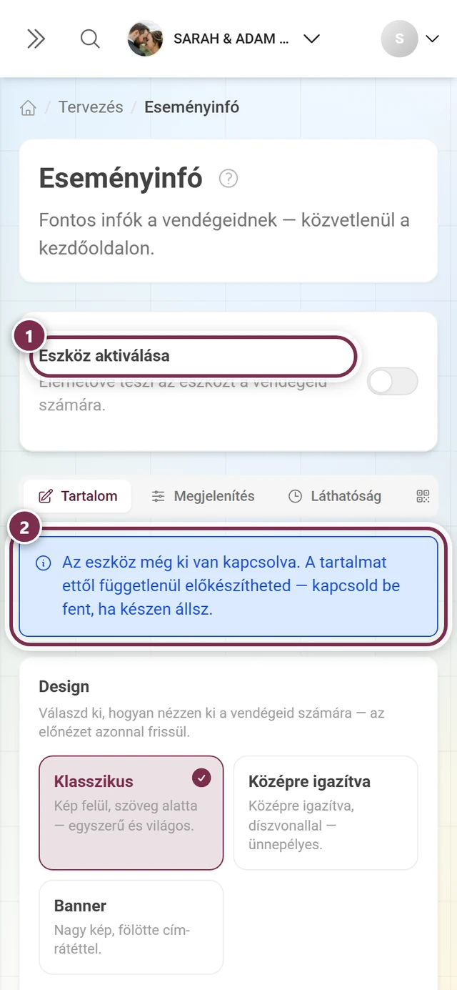 Eseményinfó oldal kikapcsolt eszközkapcsolóval és alatta egy kék tájékoztatóval