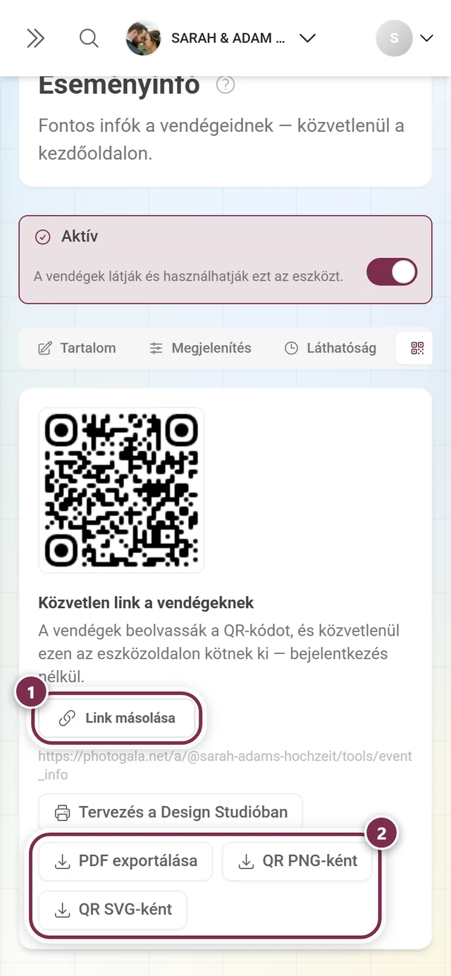 QR-kód fül a kóddal, a Link másolása gombbal és a kimeneti gombokkal