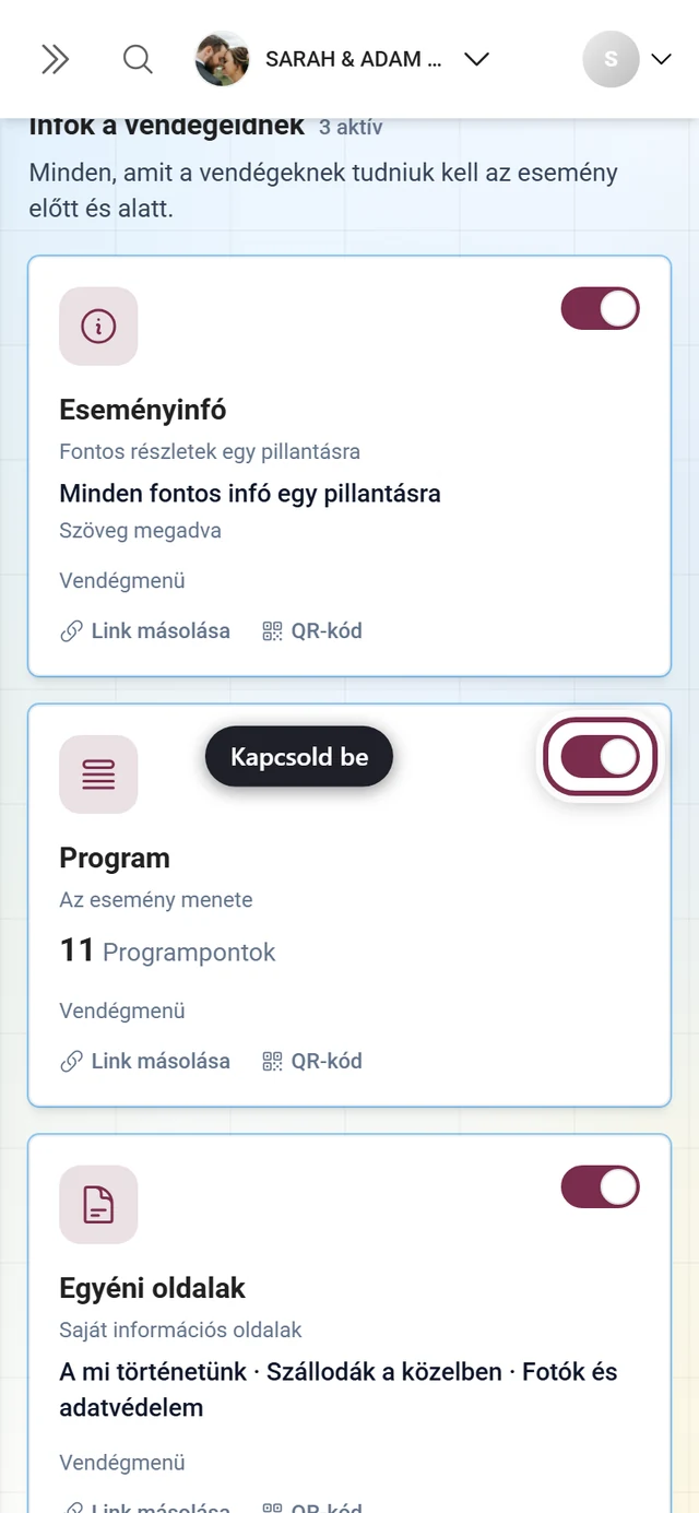 Eszközmozaik-rács a Program mozaik kapcsolójának kiemelésével