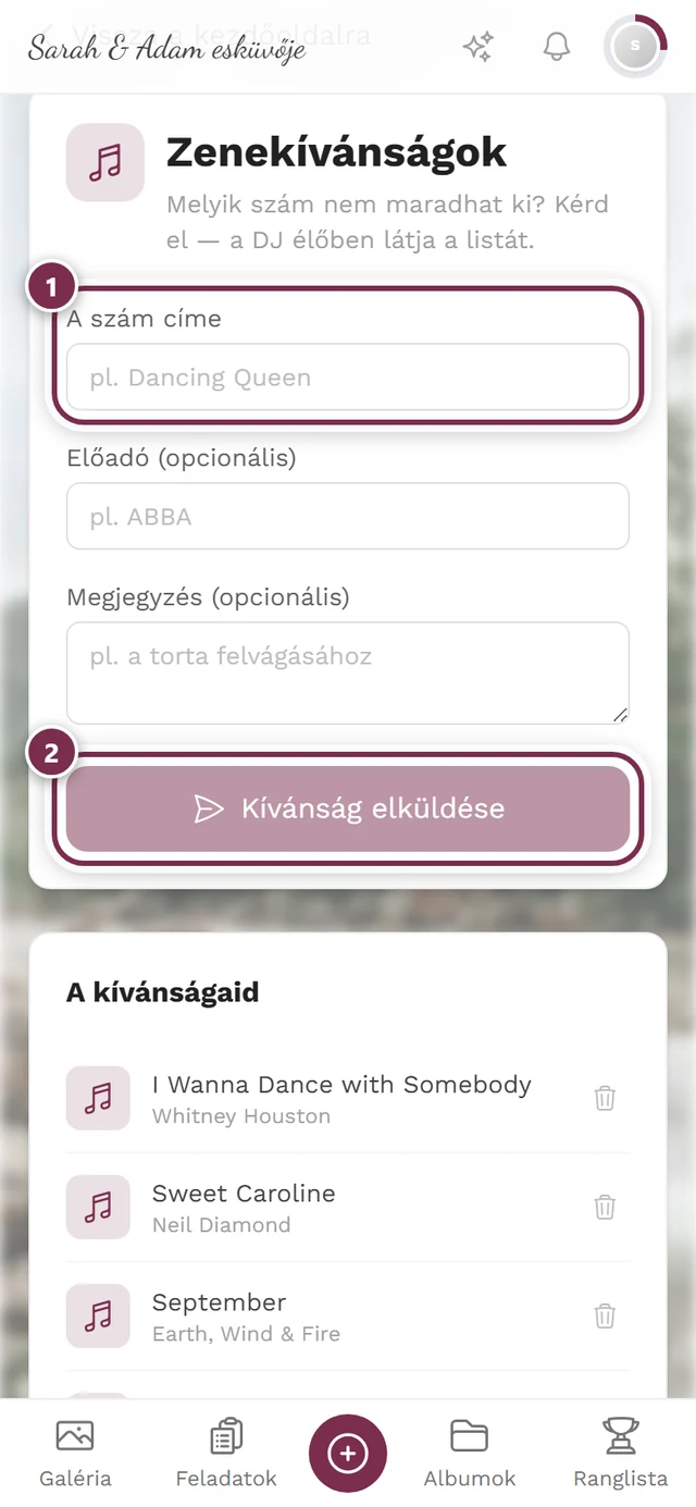 Vendégoldali kívánságűrlap számozott karikákkal a dalcím és a beküldés körül
