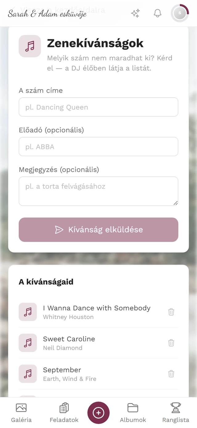 Zenekívánság-űrlap a szám címe, előadó és megjegyzés mezőkkel