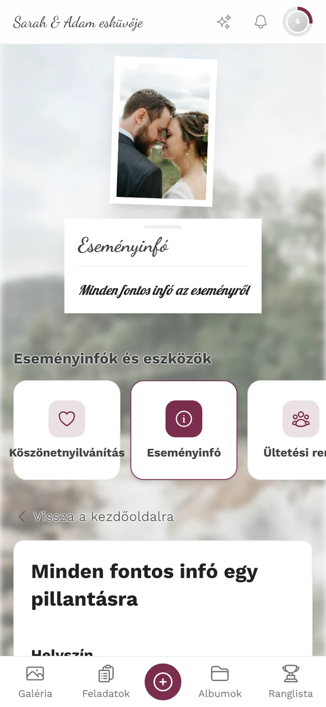 Az Eseményinfó eszköz oldala vendégnézetből, a helyszínről, az odajutásról és a parkolásról szóló szakaszokkal