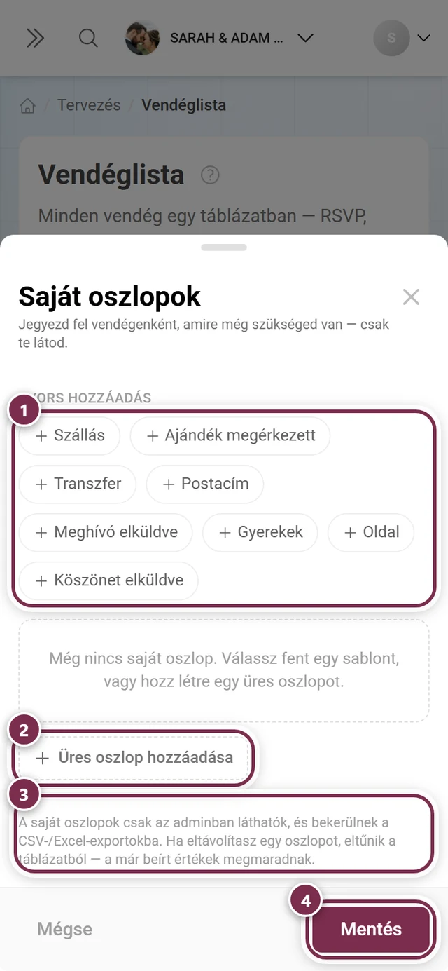 Saját oszlopok párbeszédablak a kiemelt sablonráccsal, az Üres oszlop hozzáadásával, az admin-figyelmeztetéssel és a Mentéssel