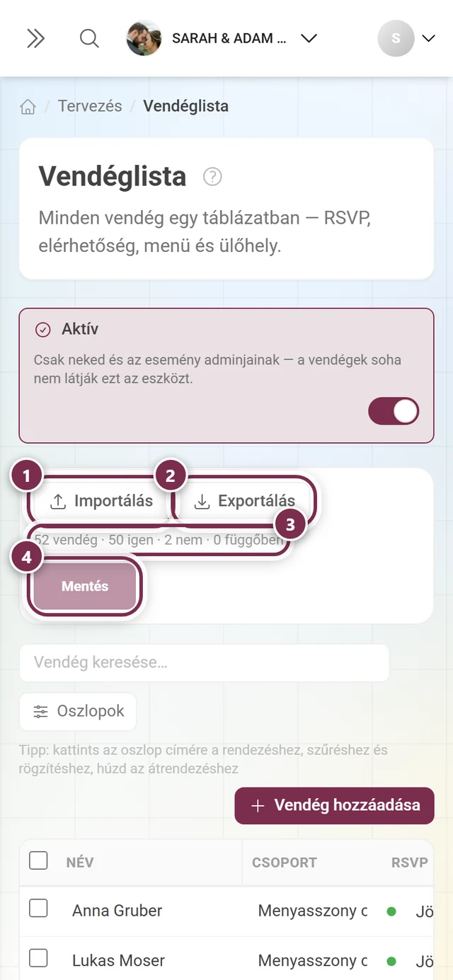 A vendéglista műveletsávja a kiemelt Importálással, Exportálással, a számláló sorral és a Mentés gombbal