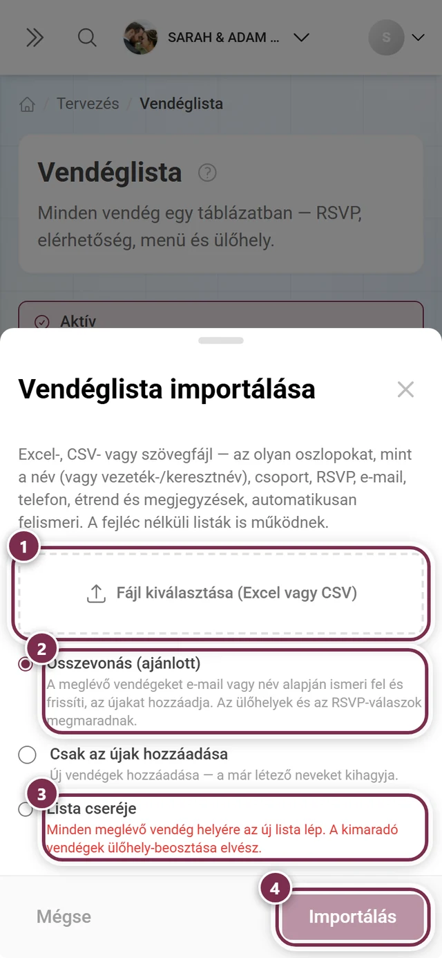 Vendéglista importálása párbeszédablak a kiemelt fájlválasztóval, az Összevonás és a Lista cseréje módokkal és az Importálás gombbal