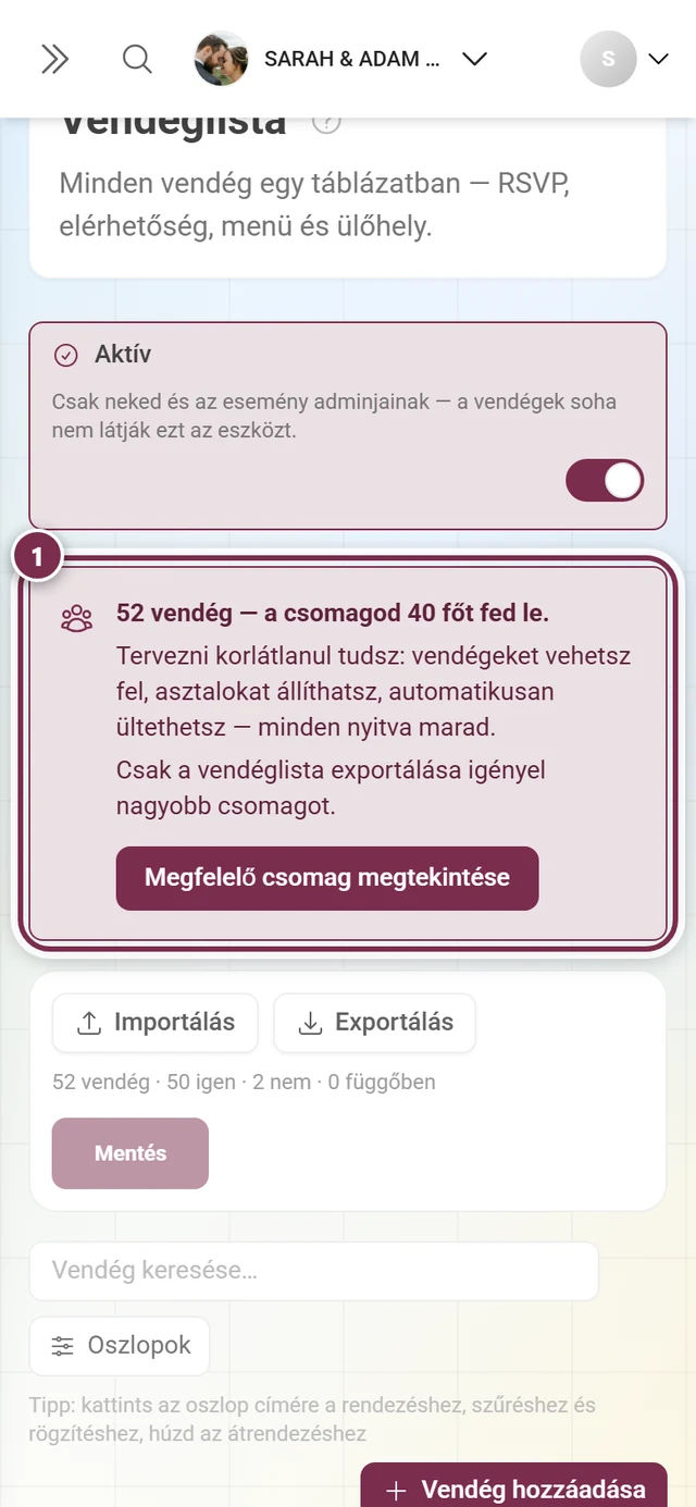Vendéglista a kiemelt keretdobozzal a műveletsáv felett