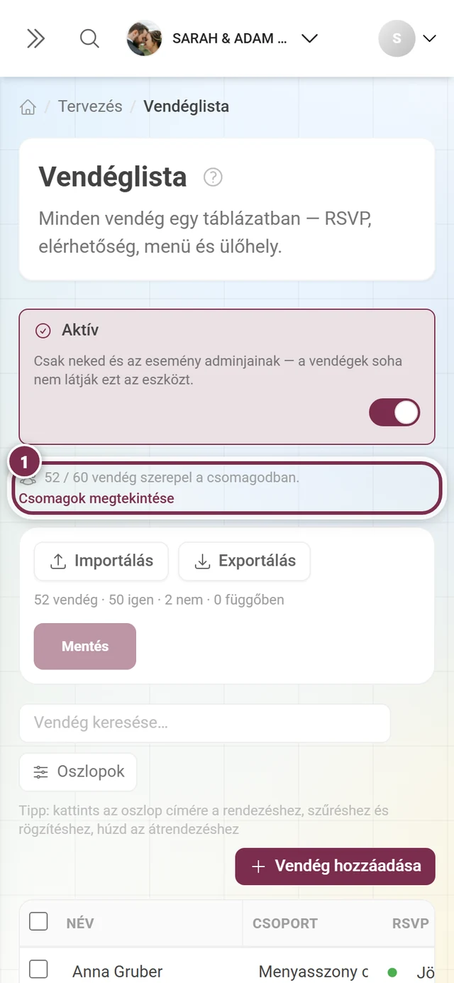 Vendéglista a kiemelt keskeny figyelmeztető sávval a műveletsáv felett