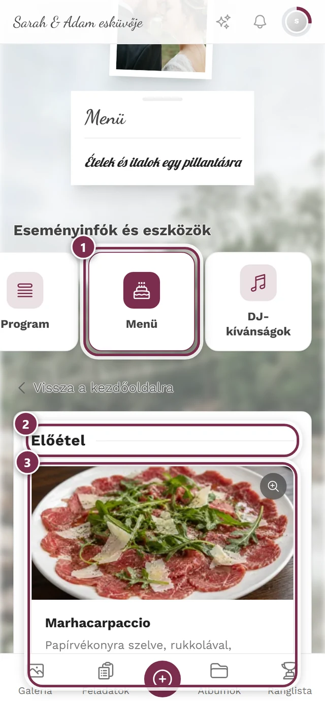 A menü oldala fogásokkal és ételekkel