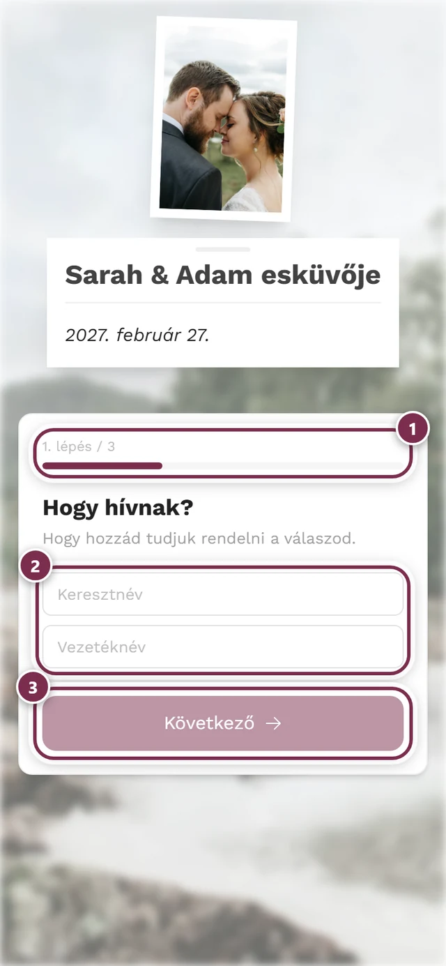 Az RSVP-űrlap vendégnézetből, a lépésjelzővel és a névmezővel