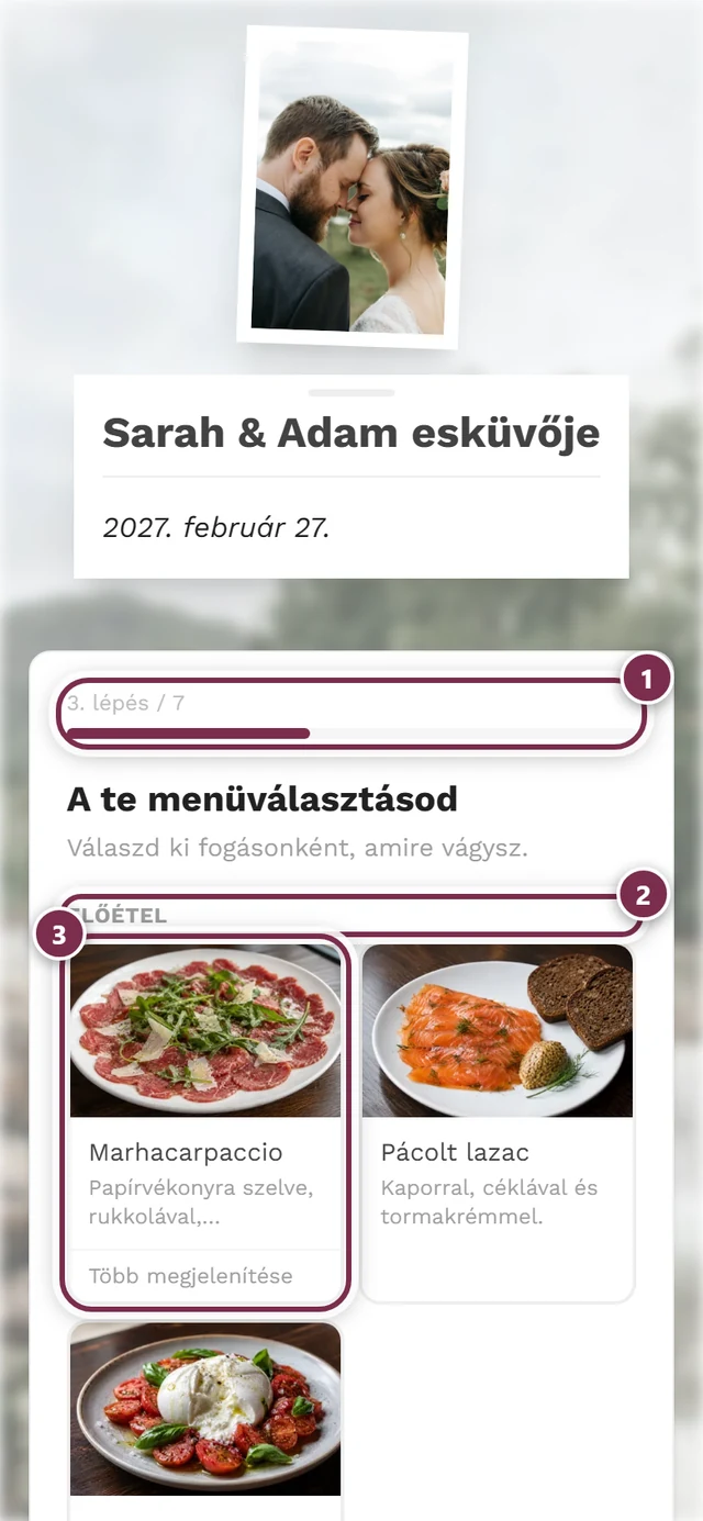 A vezetett válaszadás menü lépése a kiválasztható előételekkel