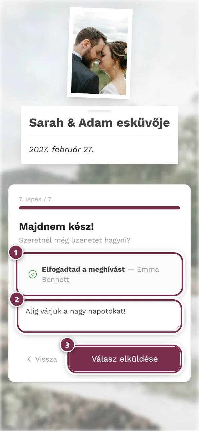 Utolsó lépés, Már majdnem kész!, az Ott leszel sorral és a Válasz elküldése gombbal