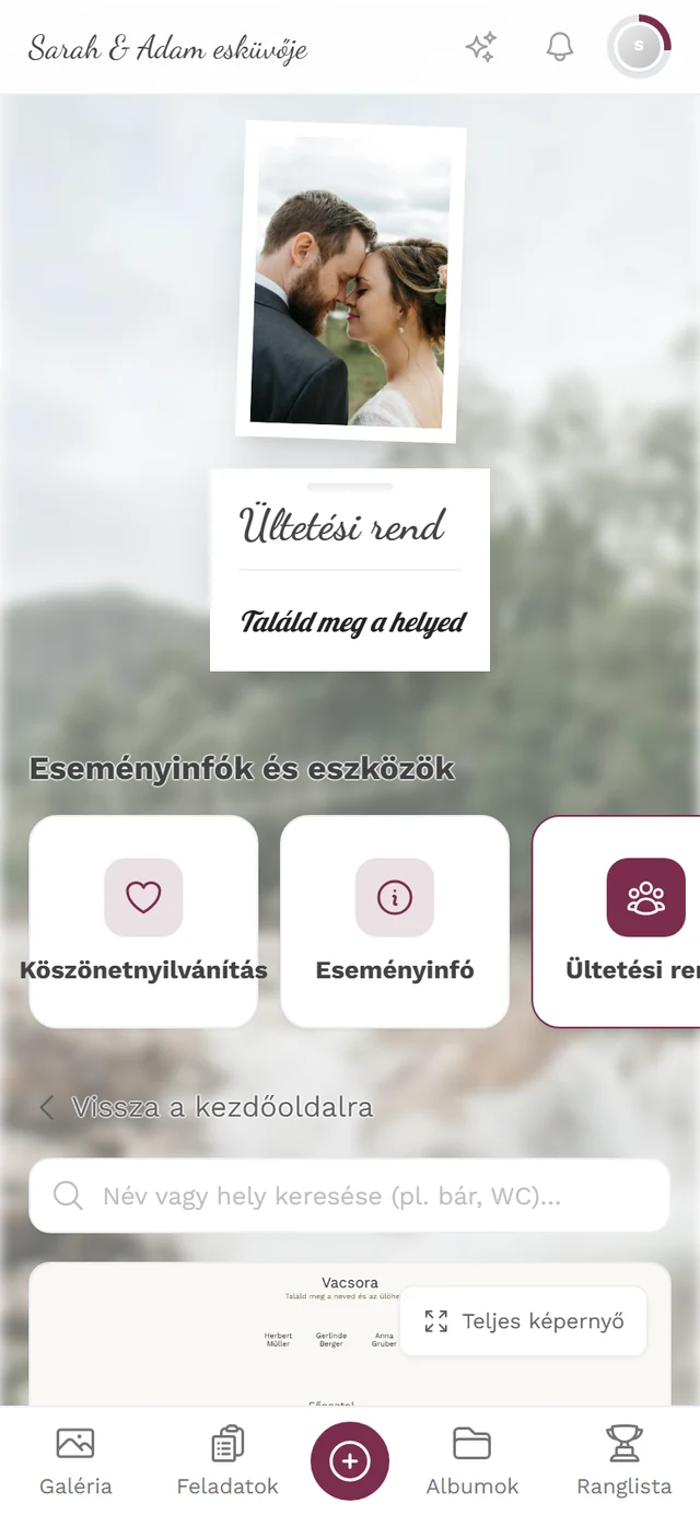 Az ültetési rend oldala a keresőmezővel a rajz felett