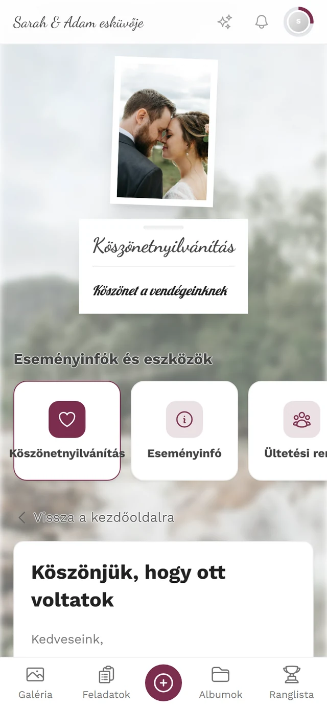 Köszönőoldal vendégnézetből, címmel, szöveggel és a kiemelt Köszönőoldal kártyával