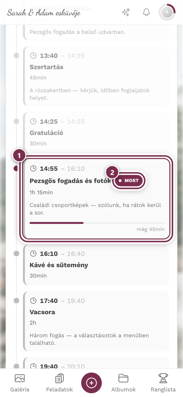 Program az esemény alatt, megjelölve az aktuális ponttal és a Most jelzéssel