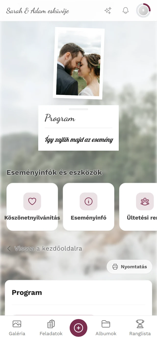 A program oldala az esemény pontjaival és a Nyomtatás gombbal