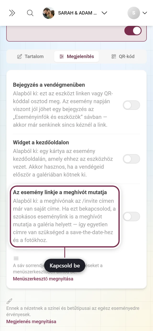 A meghívó Megjelenítés fülje, kiemelt esemény-link kapcsolóval