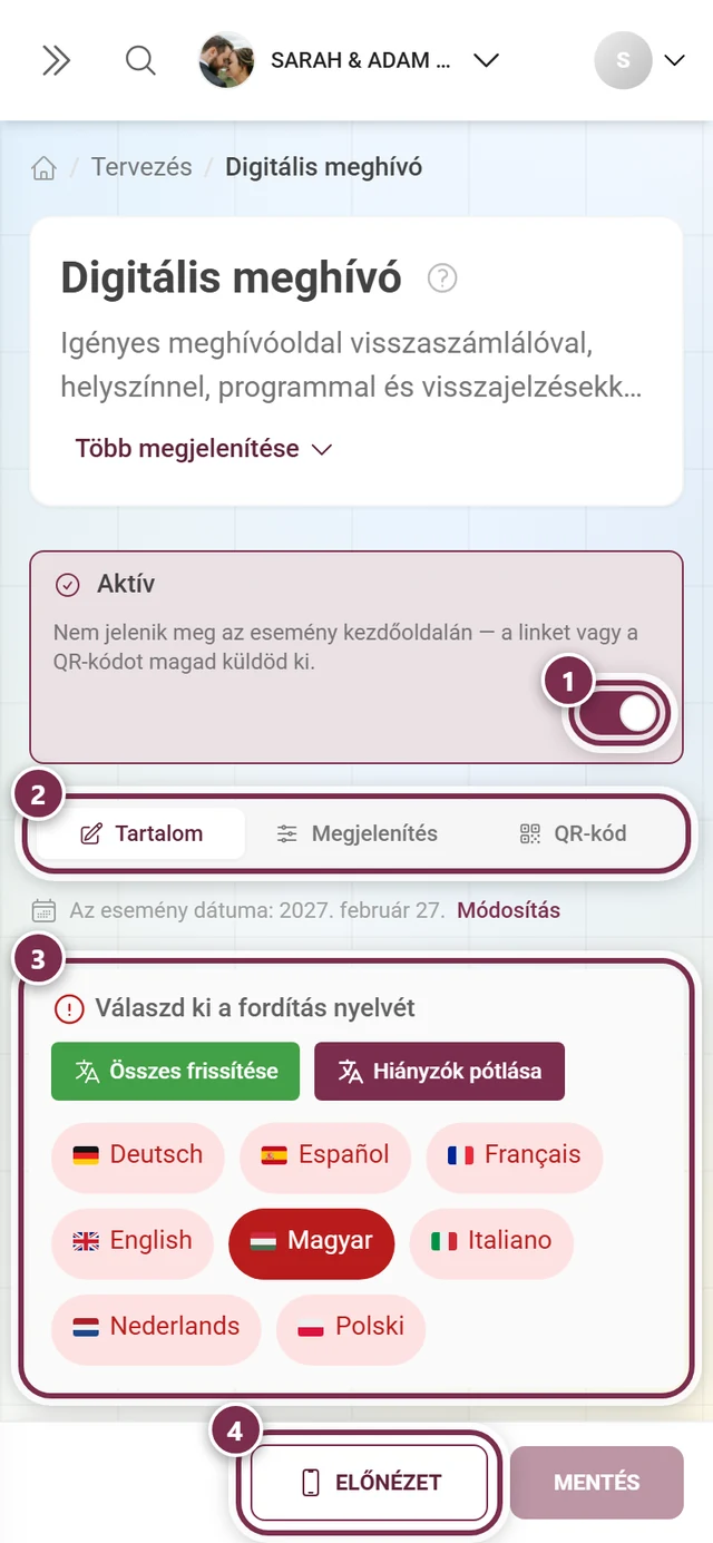 A digitális meghívó editora kiemelt mesterkapcsolóval, fülekkel, nyelvi blokkal és előnézet gombbal