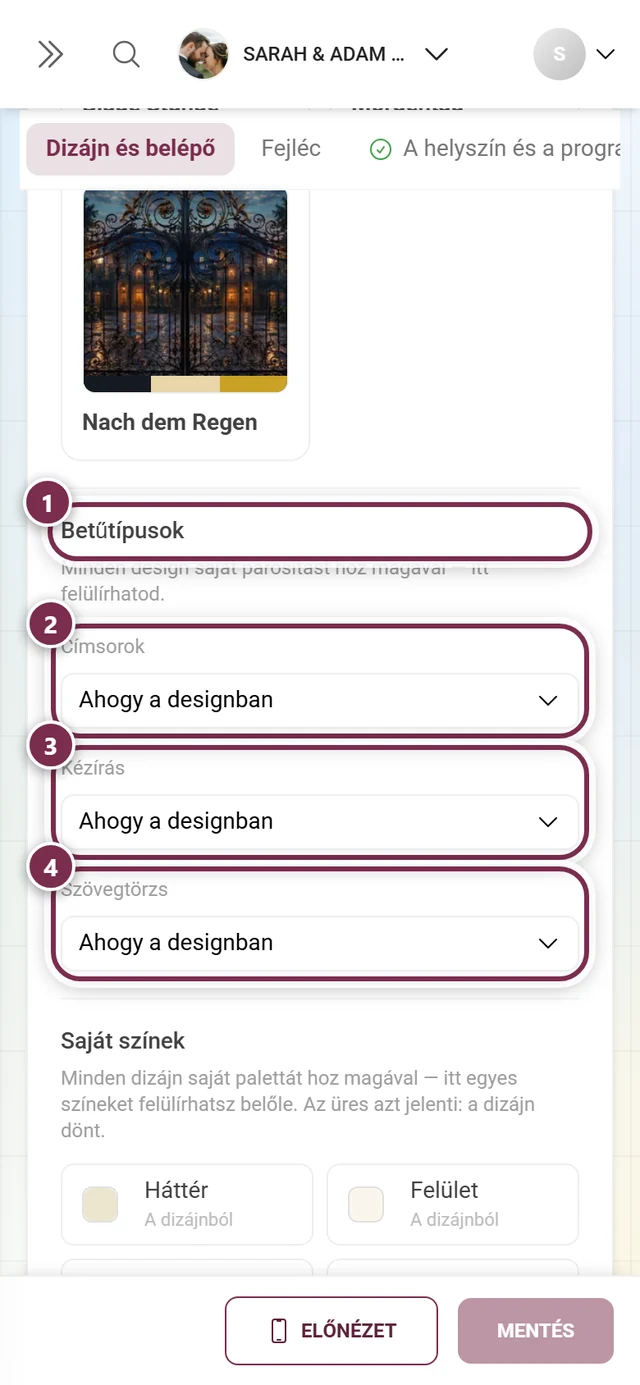 Betűtípusok szakasz számozott gyűrűkkel a cím és a három szerep körül