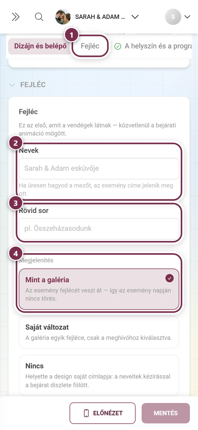 Fejléc szakasz számozott gyűrűkkel az ugrópont, a Nevek, a Rövid sor és a megjelenítés körül