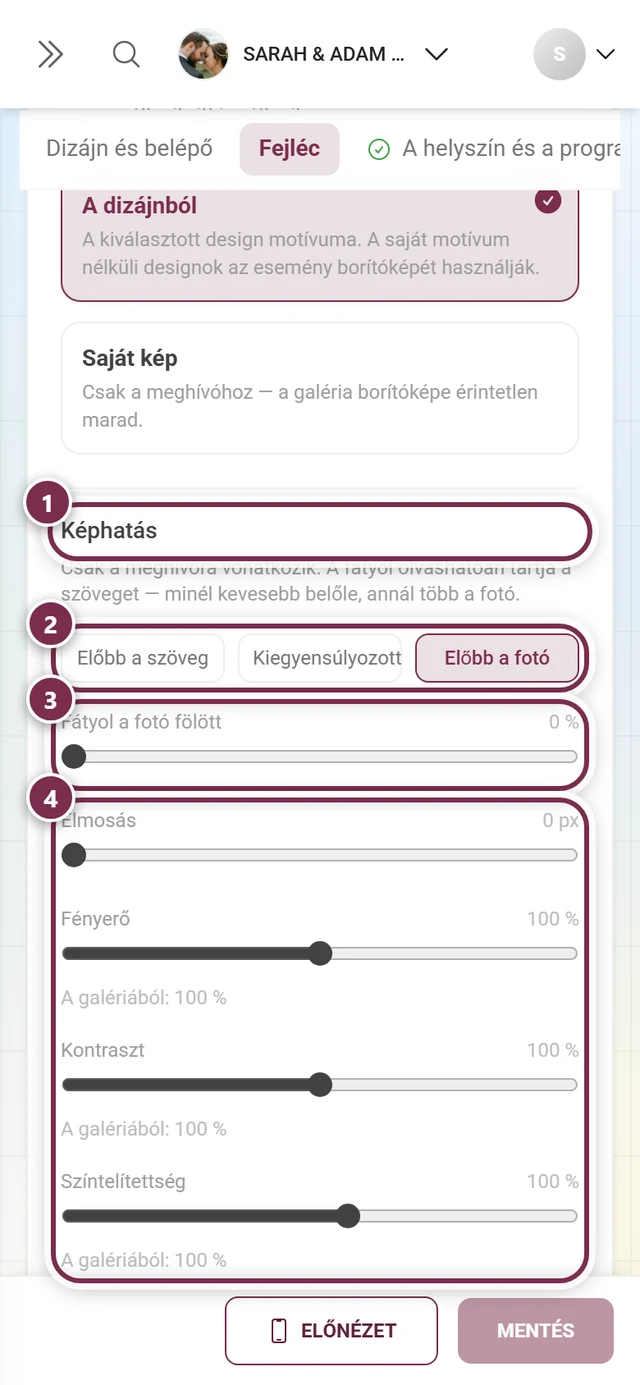 Képhatás, számozott gyűrűkkel a cím, a három előbeállítás, a fátyol-csúszka és a másik négy csúszka körül