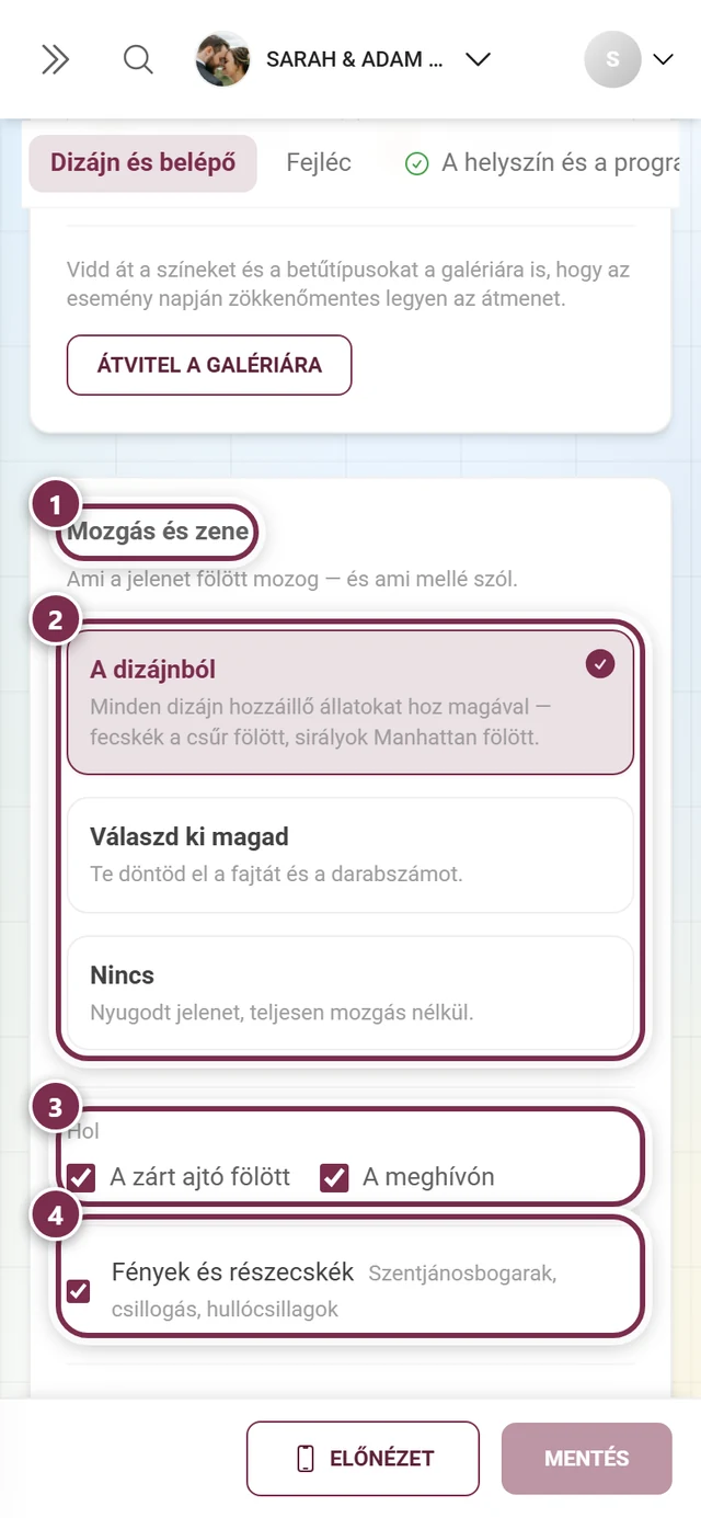 Mozgás és zene szakasz számozott gyűrűkkel a cím, a három kártya, a Hol jelölőnégyzetek és a Fények és részecskék körül