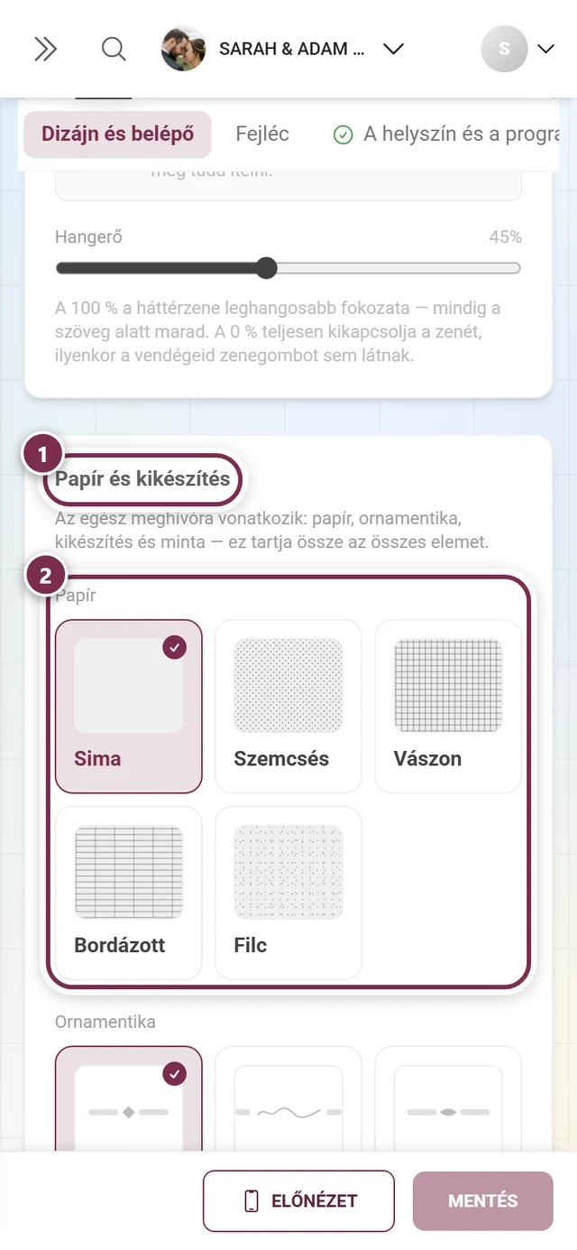 Papír és kikészítés szakasz számozott gyűrűkkel a cím és a papírválasztás körül