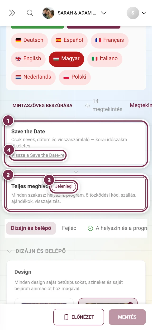 A Save the Date és a Teljes meghívó két kártyája, számozott gyűrűkkel