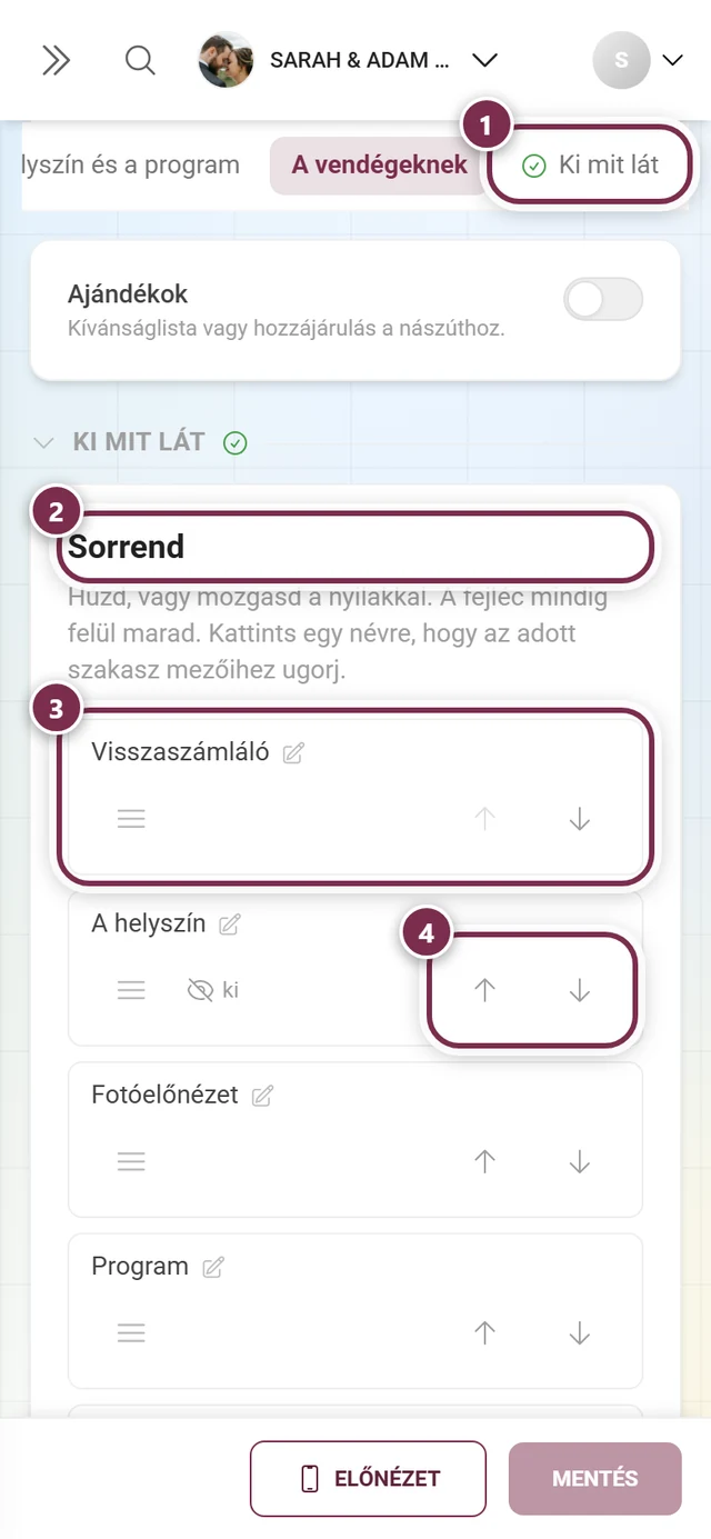 Ki mit lát szakasz számozott gyűrűkkel az ugrópont, a Sorrend cím, a Visszaszámláló sor és A helyszín sor nyilai körül