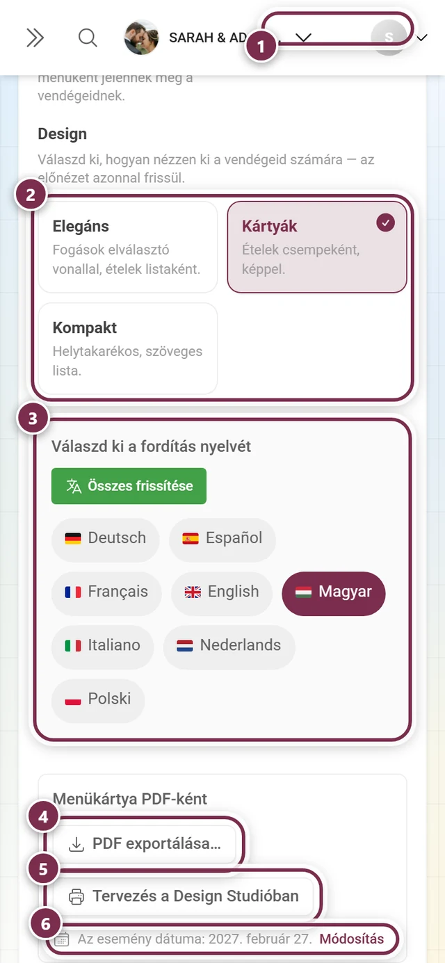 A Tartalom fül feje a számlálóval, a három designkártyával, a nyelvválasztóval és az exportgombokkal