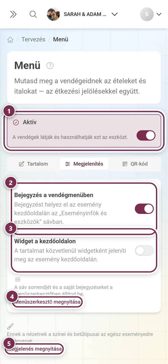A Menü eszköz Megjelenítés füle az Aktív kapcsolóval, a Bejegyzés a vendégmenüben és a Widget a kezdőoldalon opciókkal