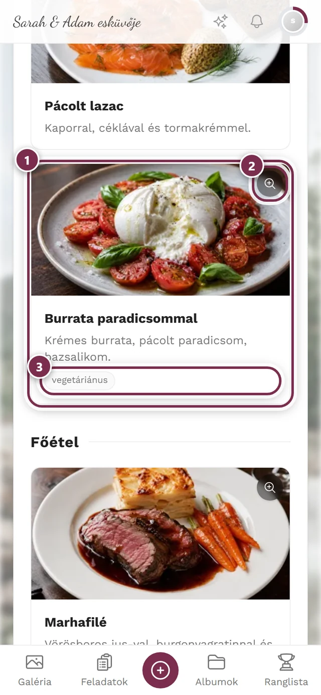 Közelkép egy ételkártyáról fotóval, nagyítóval és a vegetáriánus jelzőchippel