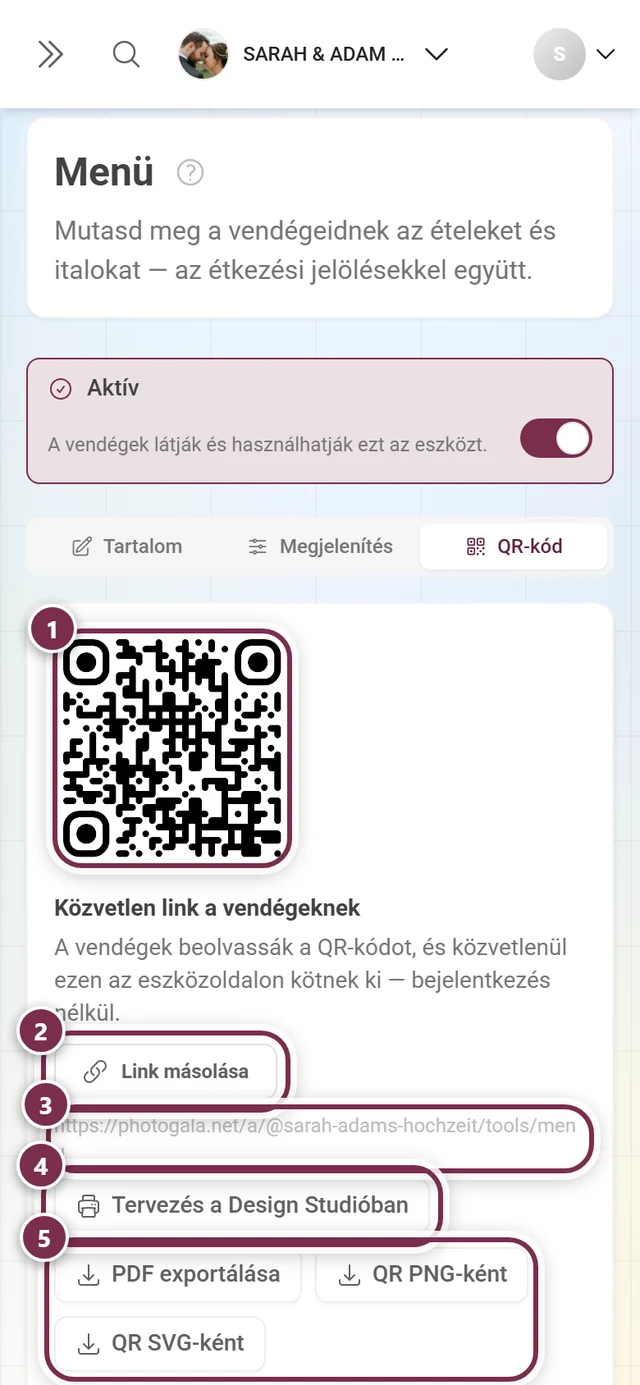 A Menü eszköz QR-kód füle a QR-kóddal, a közvetlen linkkel és a Link másolása, Tervezés a Design Studióban, PDF exportálása, QR PNG-ként és QR SVG-ként gombokkal