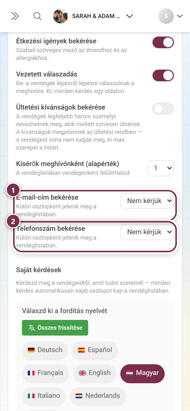 A két kapcsolattartási kérdés az e-mail-címhez és a telefonszámhoz