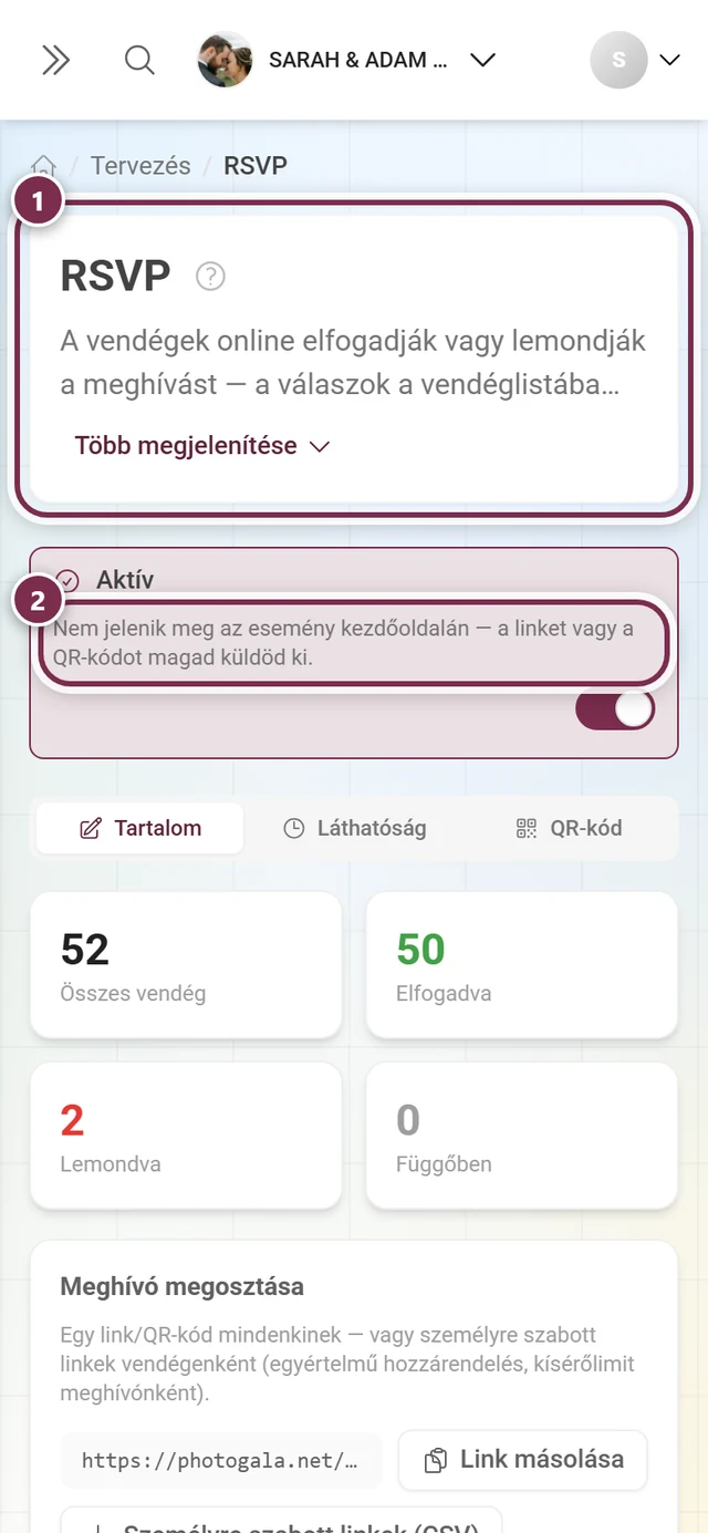 Az RSVP-editor fejléce a címmel és az aktív sávval