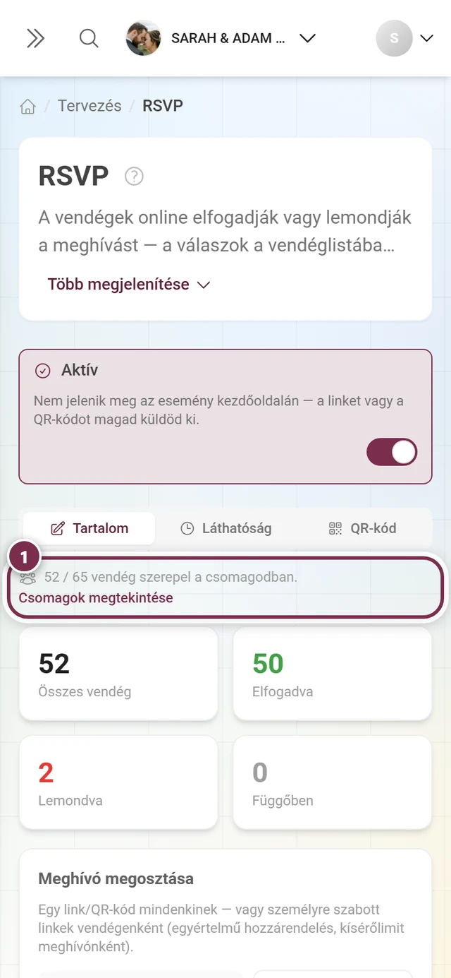 Keskeny tájékoztató sor a számok felett: 52/65 vendég a csomagodban