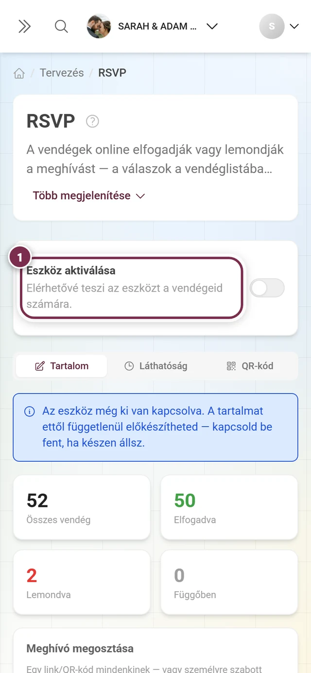 Az Eszköz aktiválása kártya kikapcsolt állapotban, alatta a kék tájékoztatóval