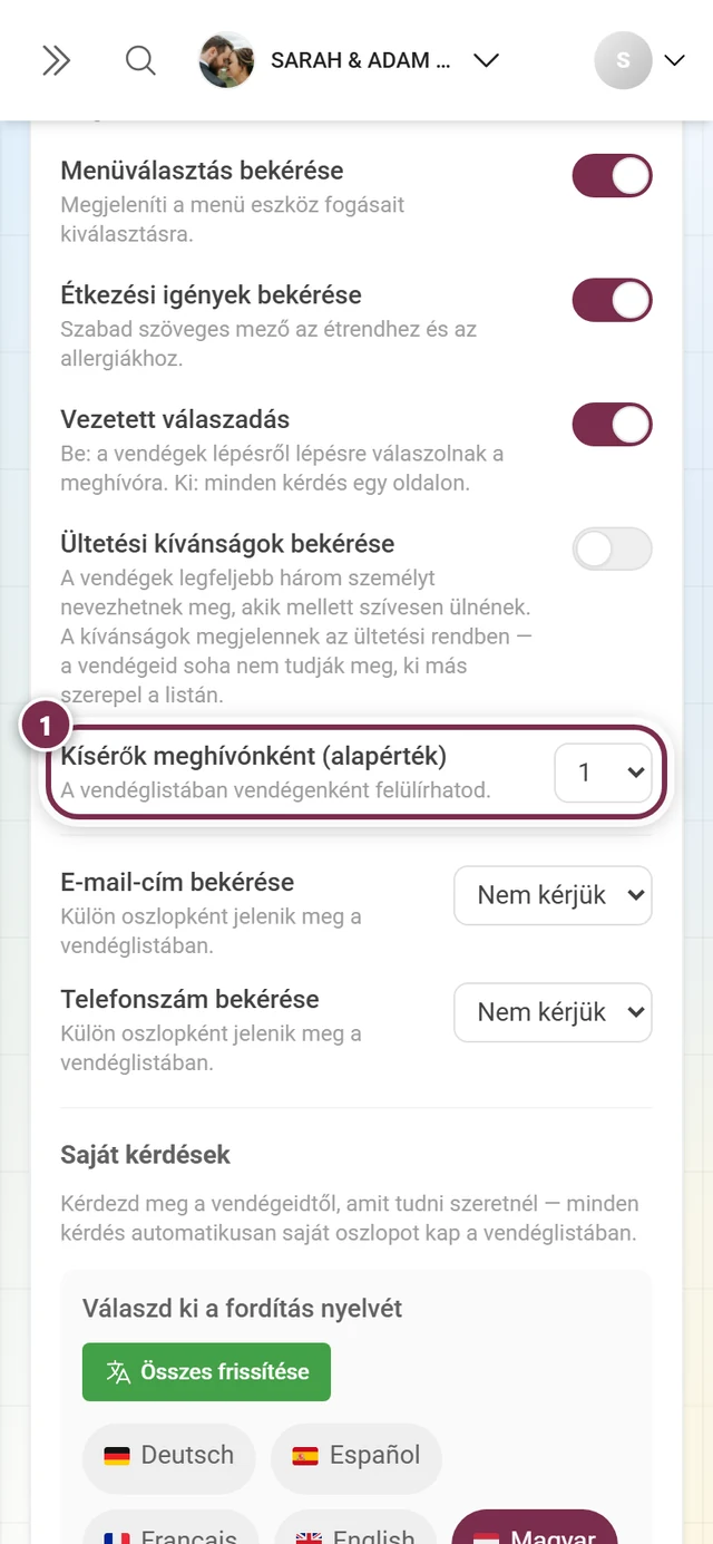 A Kísérők meghívónként (alapérték) legördülő menü