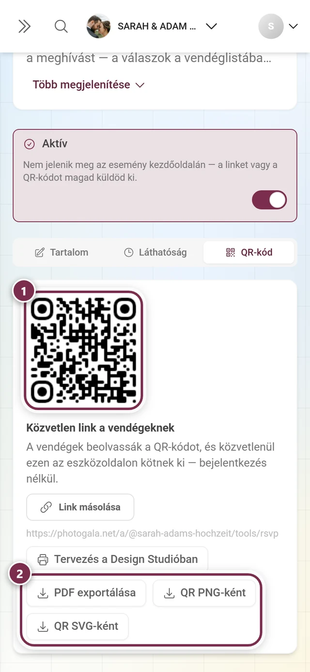 A QR-kód fül a kóddal, a közvetlen linkkel és a három fájl-gombbal