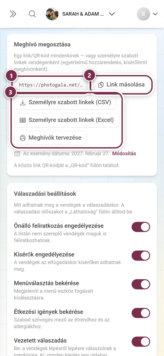A Meghívó megosztása szakasz a címmel, a Link másolása gombbal és a három kiküldési gombbal