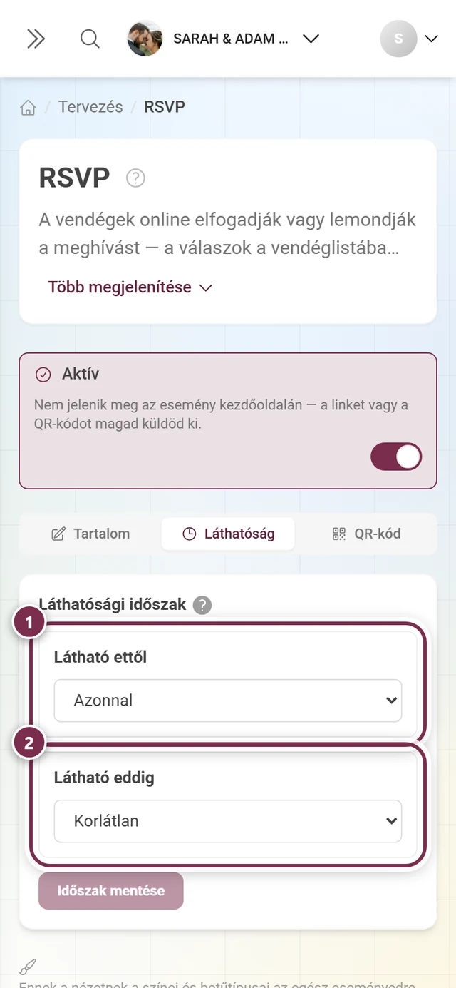 A Láthatóság fül a Látható ettől és Látható eddig mezőkkel