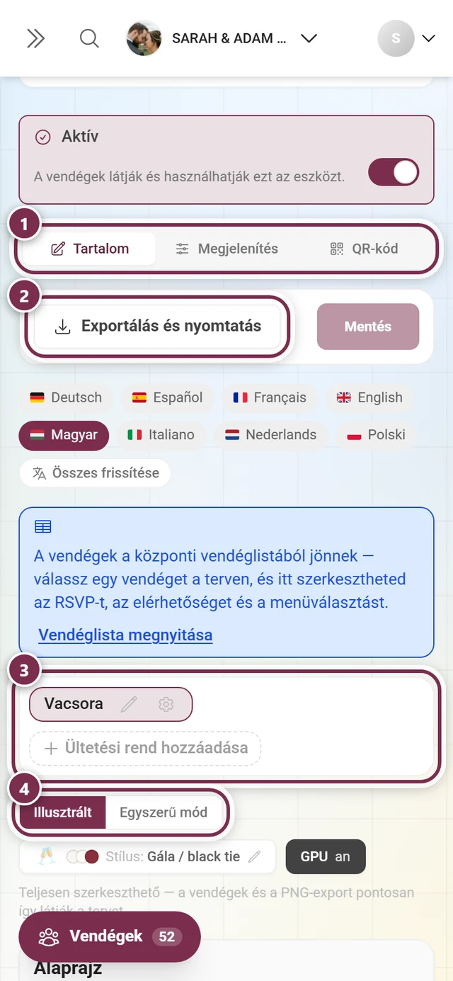 Az ültetésirend-szerkesztő fejléce a fülekkel, Exportálás és nyomtatás, tervválasztó és a nézetkapcsoló kiemelésével