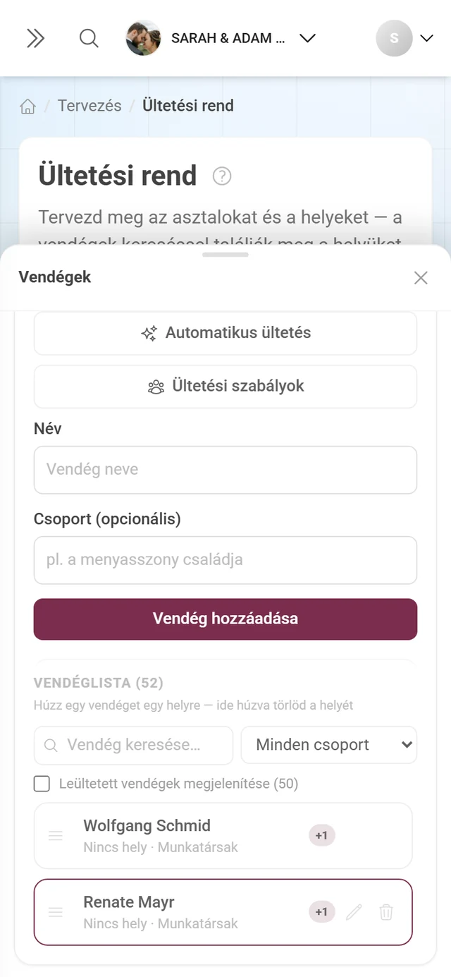 Vendégpanel a teremterv mellett kereséssel, előrehaladással és az Automatikus ültetés és Ültetési szabályok gombokkal