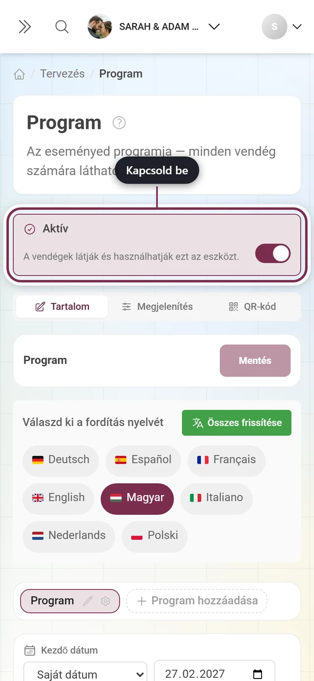 Eszközszerkesztő az aktív sáv kiemelésével a fülek felett