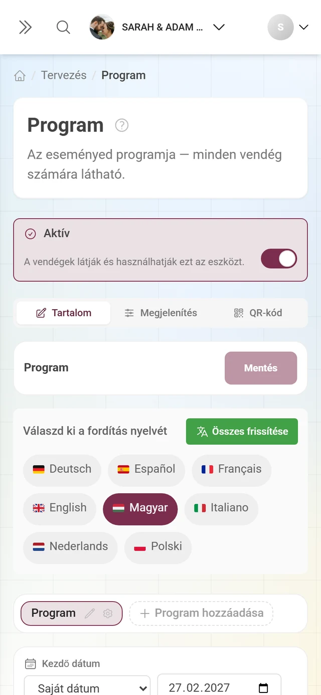 Egy eszköz szerkesztője az aktív sávval és a fülsávval