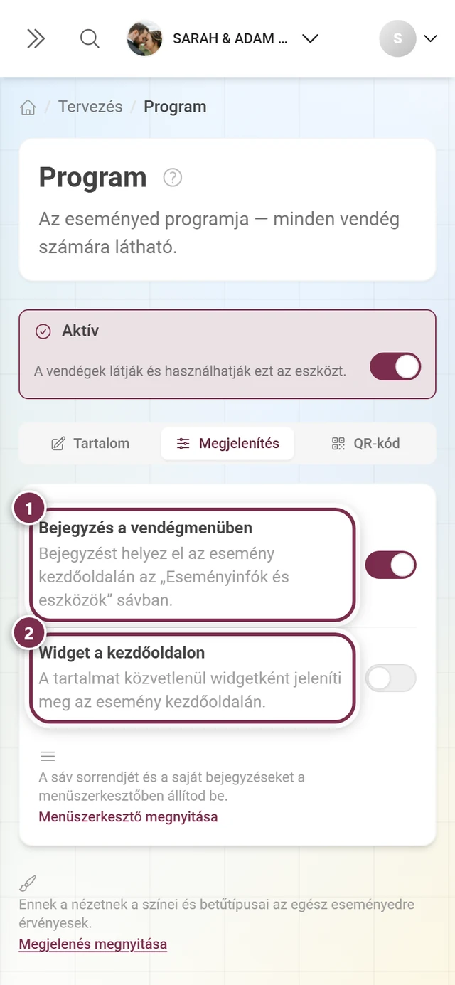 Megjelenítés fül számozott gyűrűkkel a két kapcsoló körül