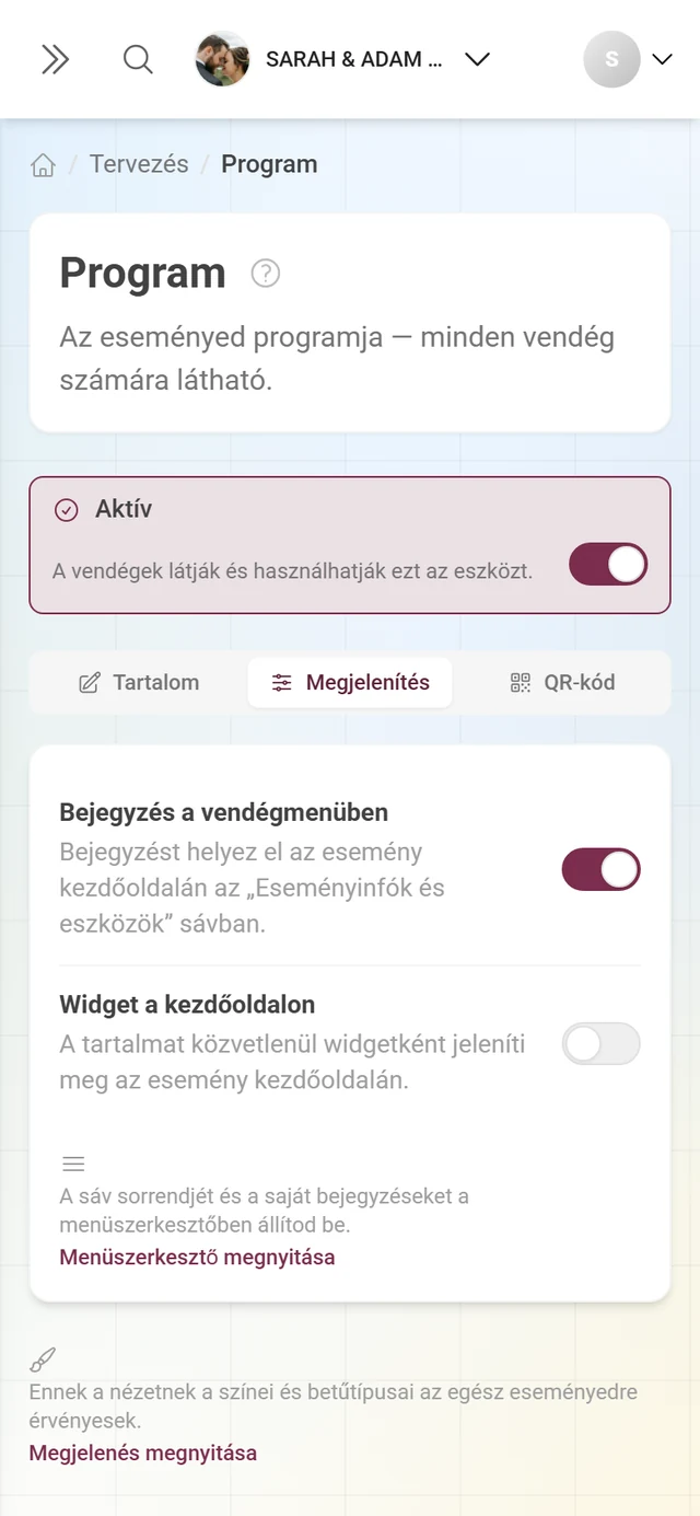 Megjelenítés fül a widget és a vendégmenü kapcsolóival
