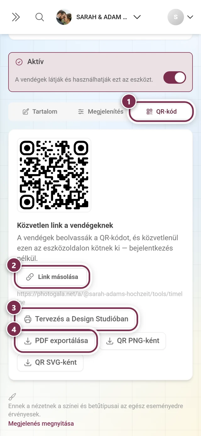 QR-kód fül számozott gyűrűkkel a fül, a Link másolása, a Tervezés a Design Studióban és a PDF exportálása körül
