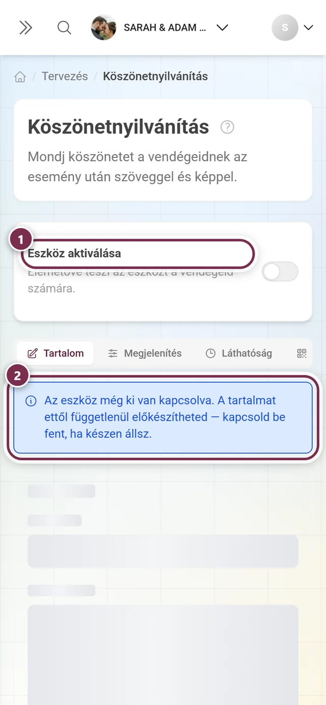 Köszönetnyilvánítás kikapcsolt eszközzel és kék tájékoztatóval a vázlat módról