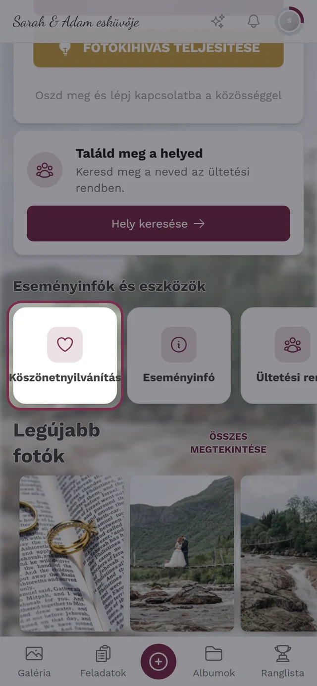 Köszönőoldal csempe az Eseményinfók és eszközök sávban, vendégnézetben